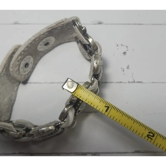 Leatherock White Multi Strand Leather Snap Bracelet Rhinestone Cuff 7.5"L x 1" W - Picture 6 of 11